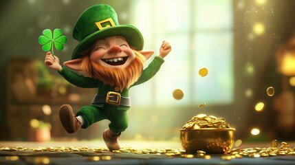 Cheerful leprechaun dances joyfully among gold coins in a vibrant, enchanting setting during St. Patrick's Day celebrations
