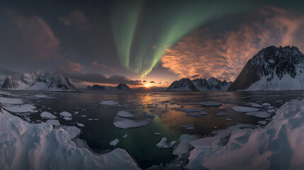Naklejka premium A mesmerizing aurora borealis glowing over a snow-covered mountain scene.