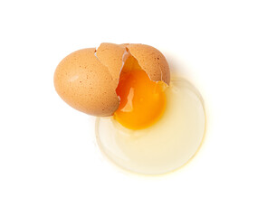 Broken Egg Isolated, Raw Yolk and White, Cracked Brown Shell, Fresh Broken Chicken Eggs on White Background