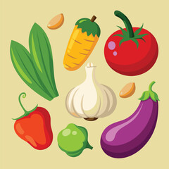 Realistic Raw Vegetables with Sliced Icons: Pepper, Eggplant, Garlic, Mushroom, and Courgette