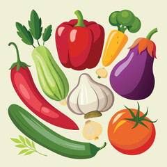 Realistic Raw Vegetables with Sliced Icons: Pepper, Eggplant, Garlic, Mushroom, and Courgette