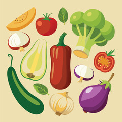 Realistic Raw Vegetables with Sliced Icons: Pepper, Eggplant, Garlic, Mushroom, and Courgette