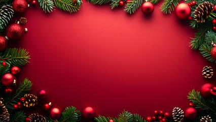 Decorative arrangement of festive ornaments and greenery on a vibrant red background, perfect for holiday celebrations and seasonal gatherings during winter
