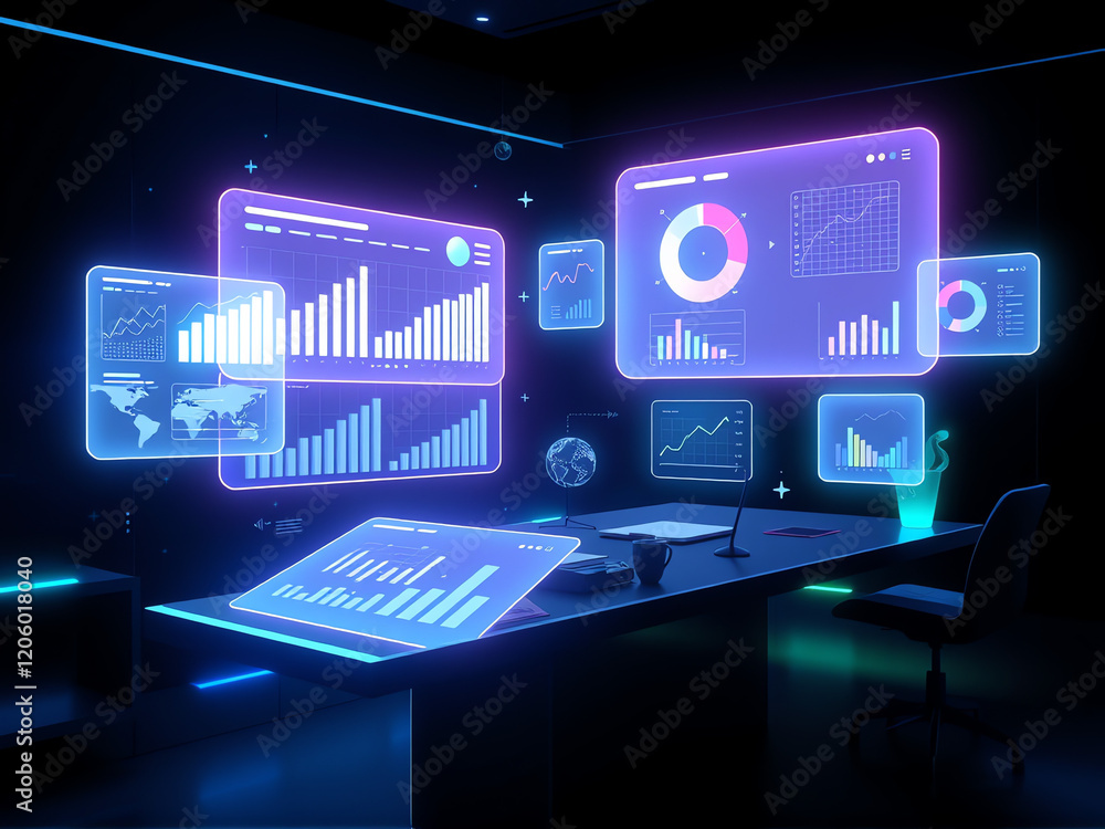 Poster modern workspace featuring futuristic digital displays and analytics in a dark, high-tech environmen