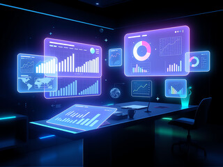 Modern workspace featuring futuristic digital displays and analytics in a dark, high-tech environment showcasing data visualization tools
