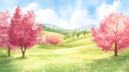 Obraz premium Rolling fields covered in blooming cherry trees under the spring sunshine.