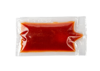 Ketchup in Square Plastic Bag Isolated, One-Time Portion of Tomato Sauce, Transparent Catsup Sachet