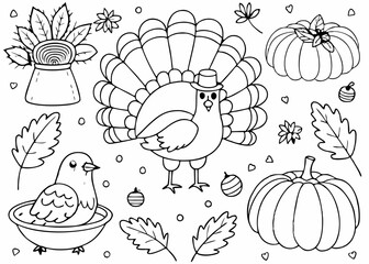 Thanksgiving Day Hand Drawn Colored Set Vector Illustration with Turkey, Pumpkins, Coloring Pattern Design