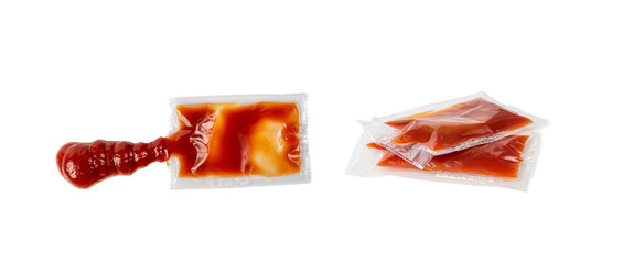 Ketchup in Square Plastic Bag Isolated, One-Time Portion of Tomato Sauce, Transparent Catsup Sachet