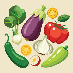 Realistic Raw Vegetables with Sliced Icons: Pepper, Eggplant, Garlic, Mushroom, and Courgette