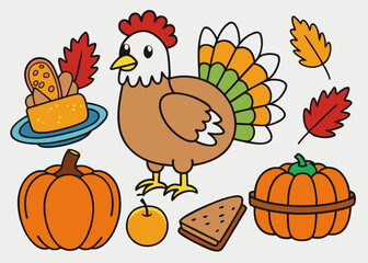 Thanksgiving table with various foods and decorations. The table is filled with pies, apples, corn, and other fall foods