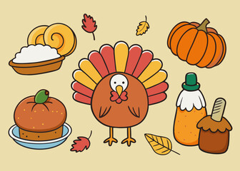 Happy Thanksgiving Day Vector Illustration with Turkey, Pumpkins, Leaves, and Various Other Elements