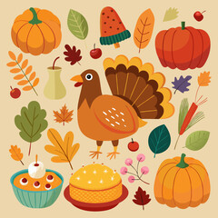 Thanksgiving table with various foods and decorations. The table is filled with pies, apples, corn, and other fall foods