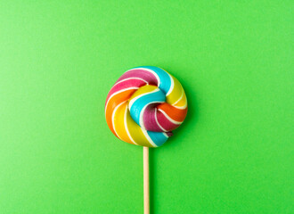 Color lollipop, spiral candy on stick, colorful striped lollypop, round fruit caramel, circle lollipop