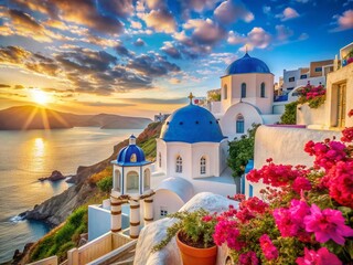 Obraz premium Hand-painted Watercolor Santorini Oia Vista: Whitewashed Houses, Blue Dome Church, Bougainvillea, Aegean Sea