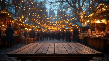 Obraz premium Wooden table at Christmas market, blurred crowd, evening lights