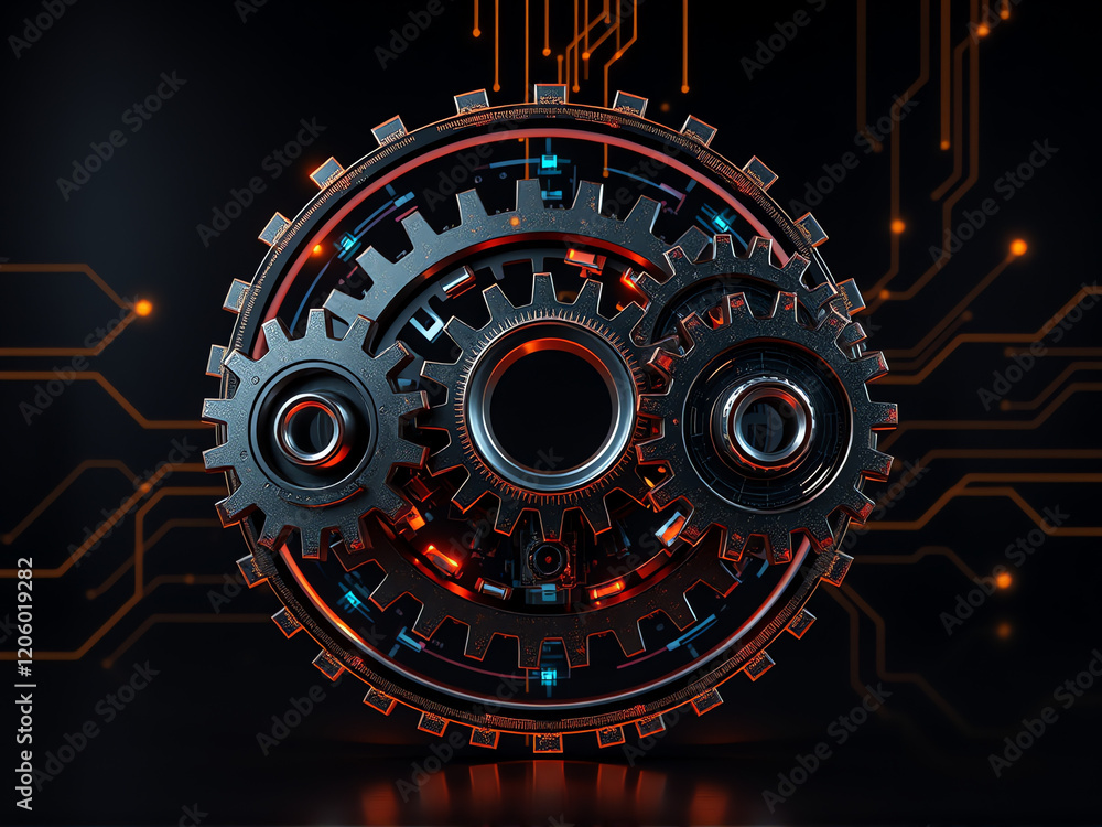 Poster intricate black and red gears with glowing circuits on a dark background representing the future of 