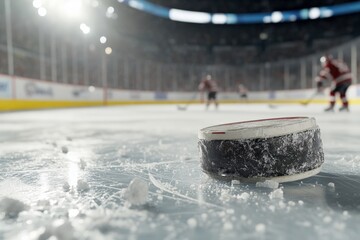 Close up of hockey puck lying on ice during professional game