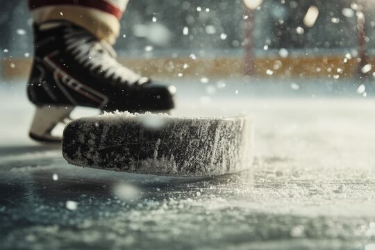 Hockey player positioning stick on icy rink during intense match