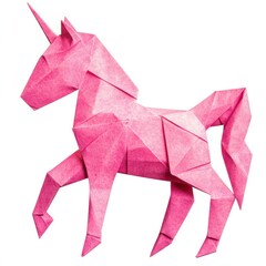 Pink origami unicorn, craft, art, white background, children's project