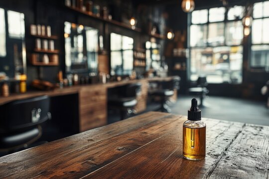 Beard oil sitting on wooden table in barbershop interior