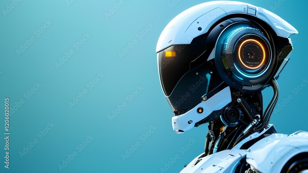 Poster futuristic robot head with advanced technology and sleek design set against a blue gradient backgrou