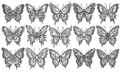Minimalistic black line art of a butterfly bundle designed for kids' coloring books or coloring pages. Features simple, clean, and detailed doodle-style butterfly illustrations on a white background