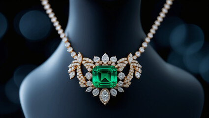 Diamond Necklace with Green Emerald Gemstone Jewelry. Isolated on Mannequin Neck. Exclusively for Women. Black Background.