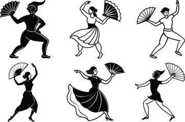 Person dancing with a fan set silhouette vector art, person dancing with a fan line art vector illustration, person dancing with a fan vector design