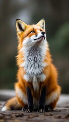 Fototapeta premium Portrait of a Red Fox looking up with an Autumn background and a soft bokeh