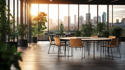 Fototapeta premium Spacious boardroom features a circular table surrounded by modern chairs, large windows showcasing an urban skyline, perfect for corporate gatherings