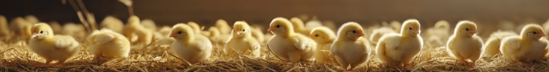 In a spacious poultry house, numerous fluffy chicks fill the floor, basking in the warm glow of morning sunlight that filters through the structure