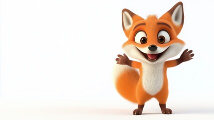 Obraz premium Cheerful orange fox character with a big smile and outstretched arms in a bright setting
