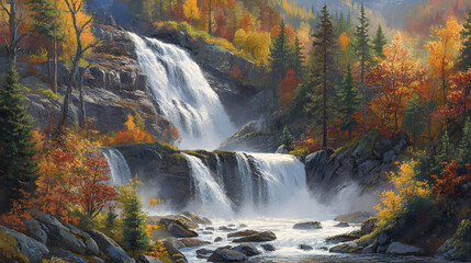A vibrant autumn waterfall surrounded by colorful trees and calm waters.