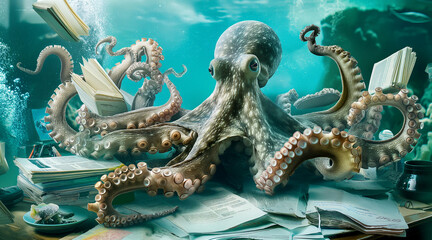 Obraz premium Octopus Organizing Office A Unique Workspace Underwater with Books and Papers