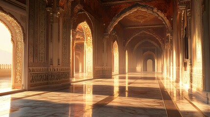 Obraz premium Golden Palace Hallway Sunlit Arches Intricate Design