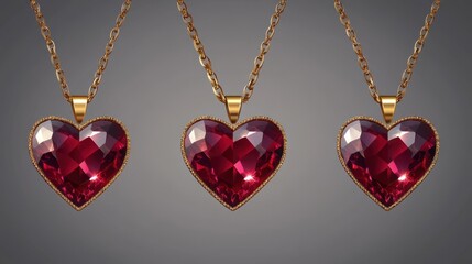 Heart-shaped red gemstone necklaces with gold chains isolated on transparent background