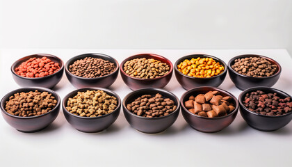 Different dry food for pet. Bowls with organic crunchy on white background