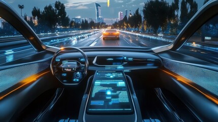Concept of autonomous car sensor system for driverless-mode car control. Future adaptive cruise control capable of sensing nearby vehicles and pedestrians. Smart transportation technology.