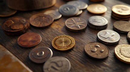 investment concept with coins and retirement savings plan on a wooden table, featuring a variety of coins including gold, brown, and wood coins, as well as a small coin