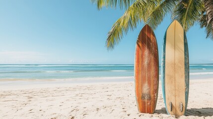 Colorful Surfboards on Sunny Tropical Beach with Palm Trees