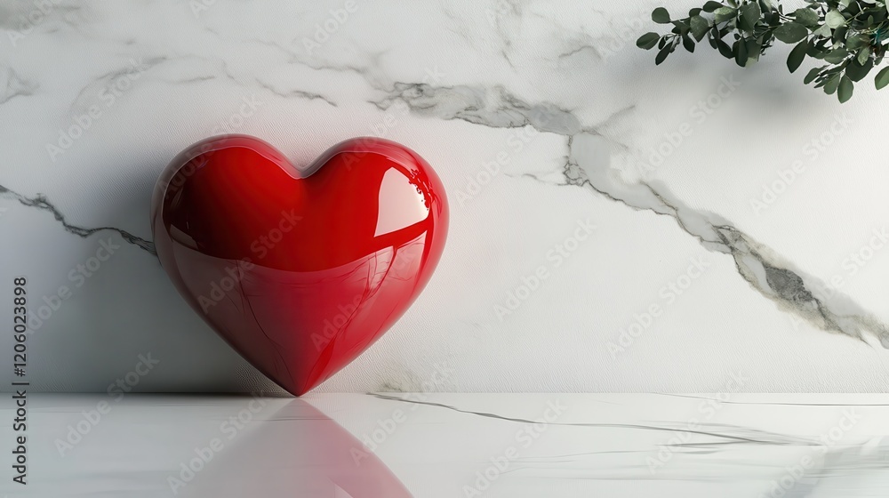 Poster simple red heart floating in the center of a clean white background, creating a minimalist and elega