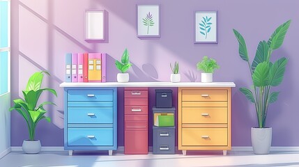 A colorful workspace featuring drawers and plants, creating a vibrant and organized atmosphere.