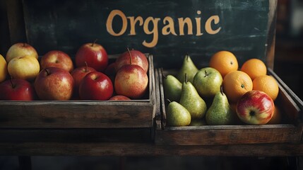 Selection of organic apples, pears, and oranges displayed in wooden crates at a local market