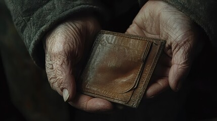 Empty wallet in the hands of an elderly man. Poverty in retirement concept