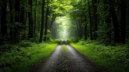 Fototapeta premium A serene forest pathway illuminated by soft light, surrounded by lush greenery and tall trees, inviting exploration and tranquility.