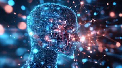 Obraz premium Artificial intelligence (AI) is represented by a heart shape combined with a circuit board, set against a futuristic digital background.low poly digital wireframe.