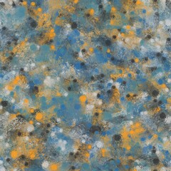 Faded orange, muted blue, charcoal grey and foggy grey chaotic brush strokes. Small circles and abstract shapes. Seamless hand drawn pattern.