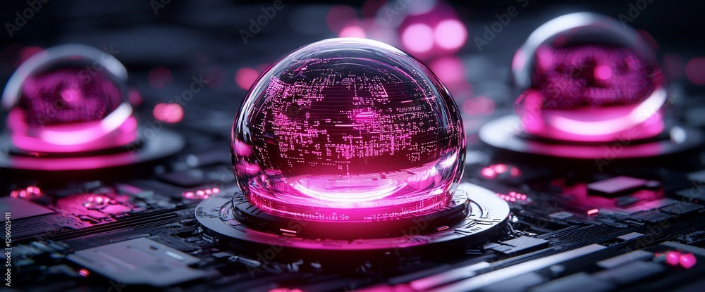 Poster futuristic data spheres on a circuit board.