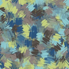 Multicolored random brush strokes. Feathers imitation. Cyan opaque, light navy blue, pale olive green, dark brown and friar grey colors. Seamless hand drawn background